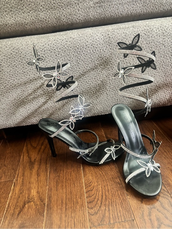Shoes - Embellished Black Floral Wrap-Strap Heels